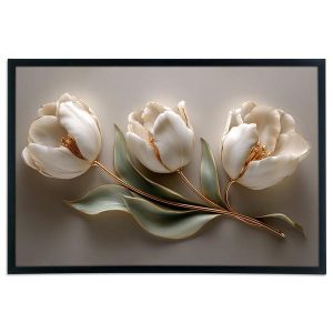 Quadro Tela Canvas Moldura Três Tulipas Brancas Ouro Folha