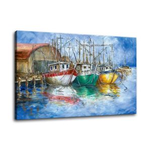 Quadro em Tela Canvas Três Barcos Ancorados Pintura 100% Algodão