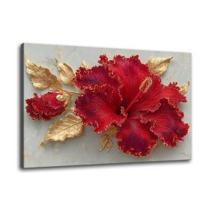Quadro em Tela Canvas Flor Hibiscus Vermelha Folhas Douradas Pintura 100% Algodão